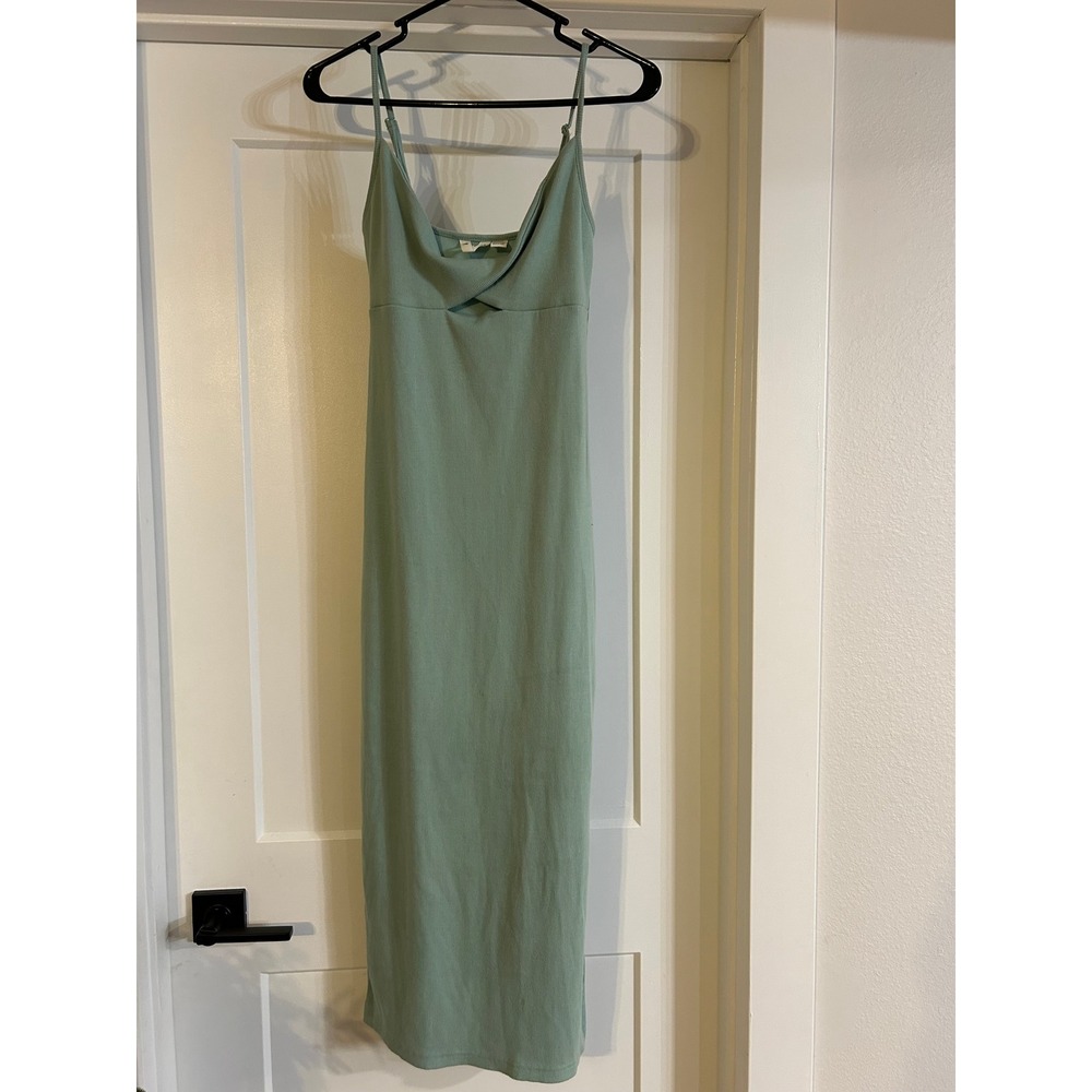 ROXY Ribbed Cowl Neck Spaghetti Strap Midi Dress Green Small Slip Dress Maxi Y2K - Picture 1 of 6